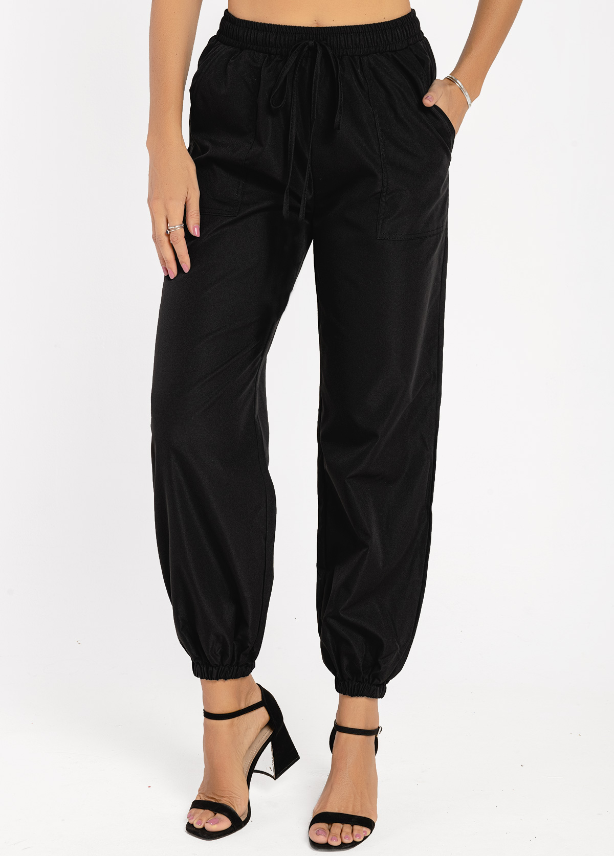 High Waisted Pocket Tie Front Black Pants