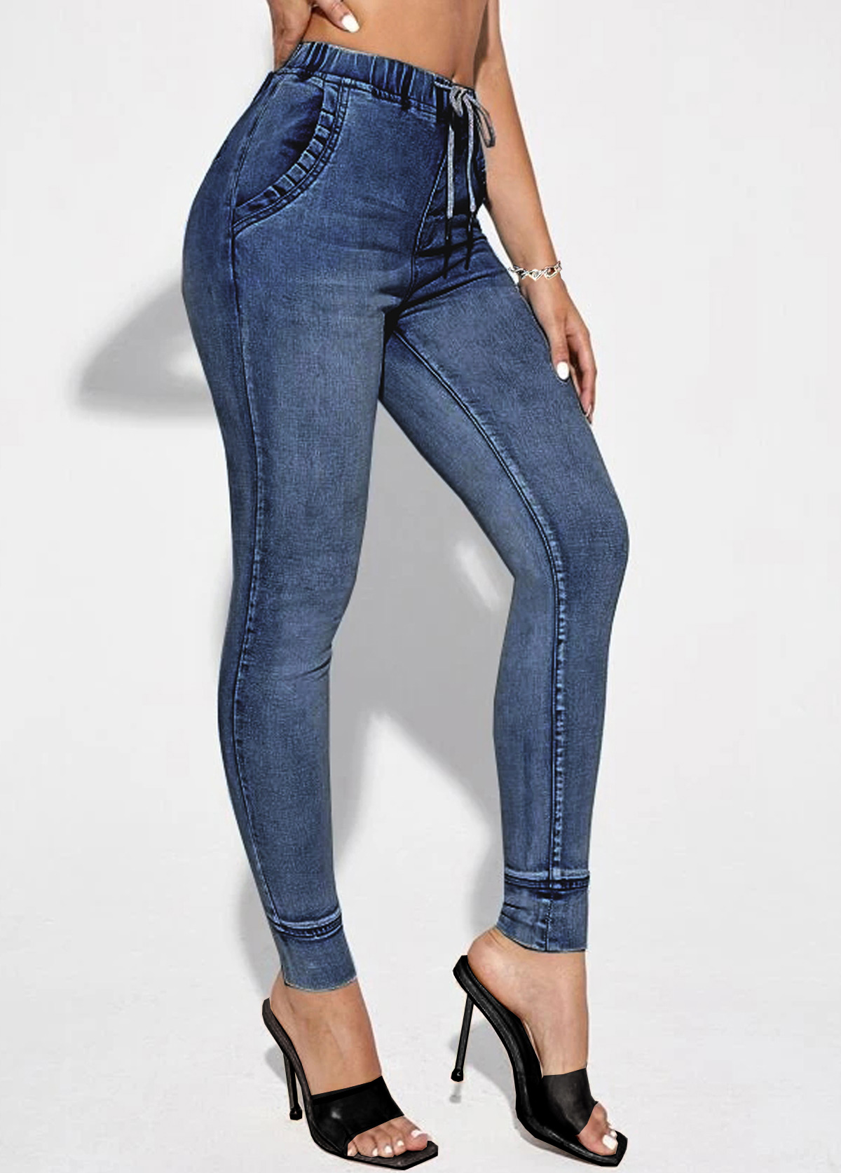 Denim Blue Drawstring Detail Mid Waist Jeans