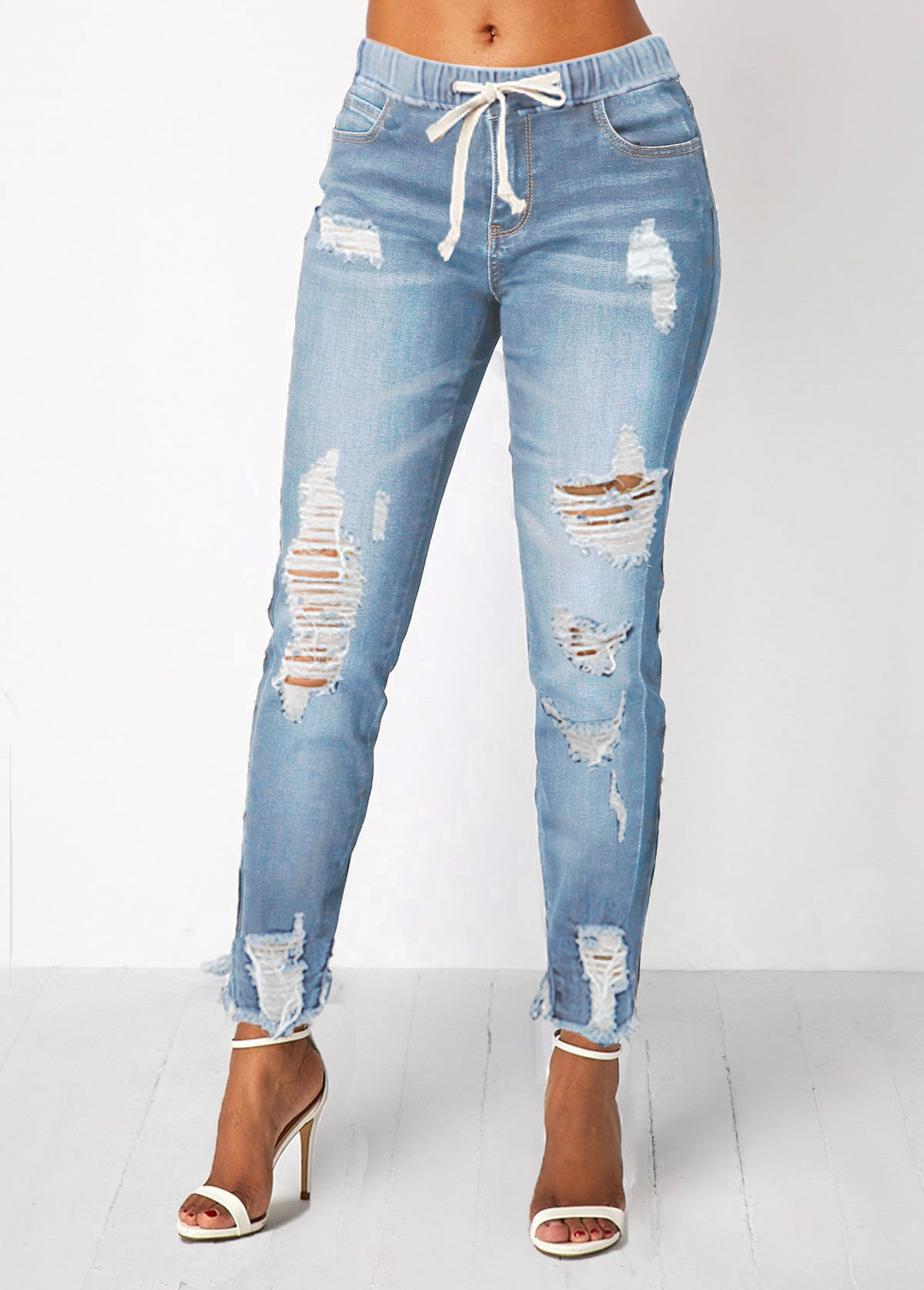 Elastic Waist Pocket Light Blue Shredded Jeans