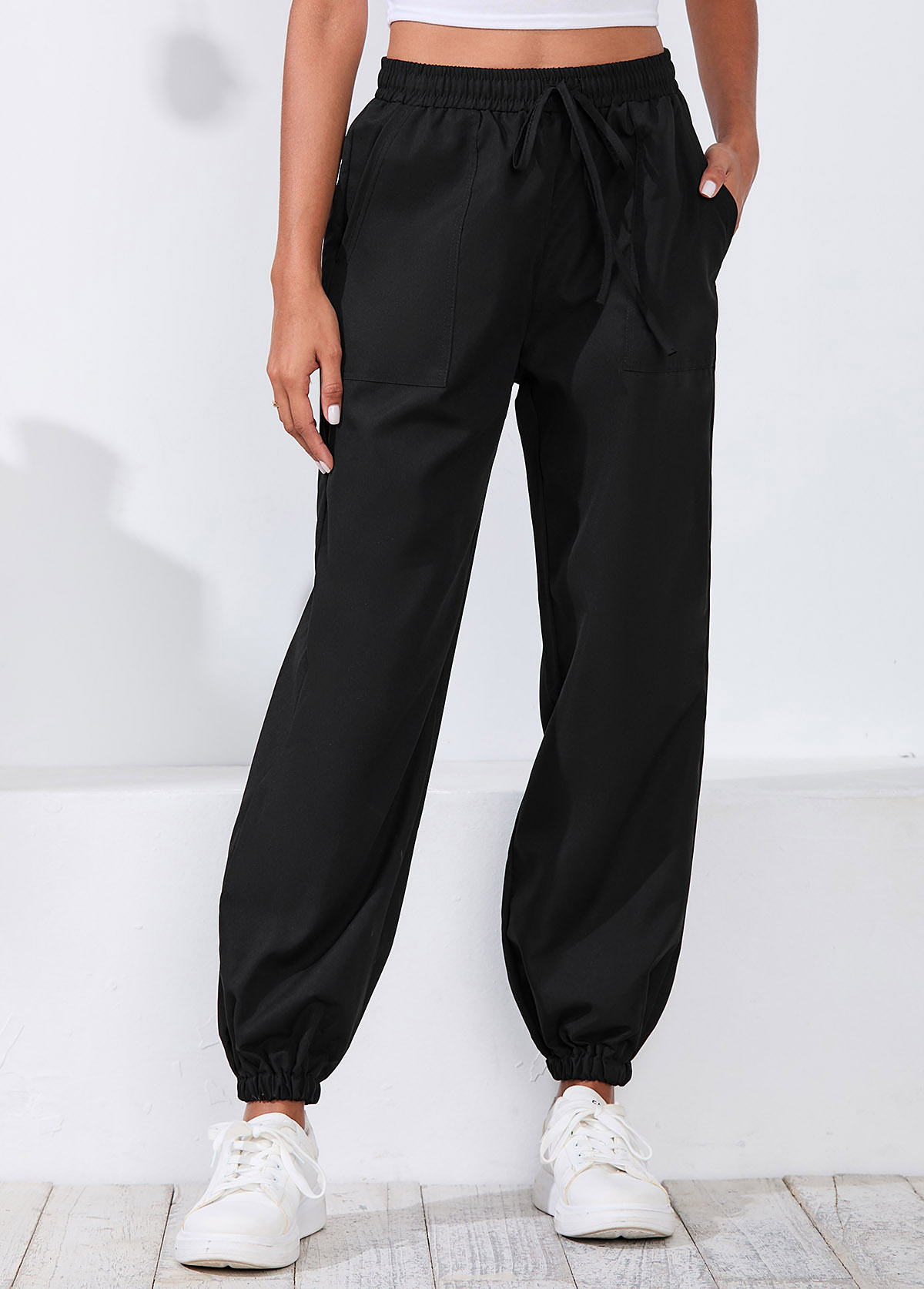 Black Drawstring Waist Double Side Pockets Pants