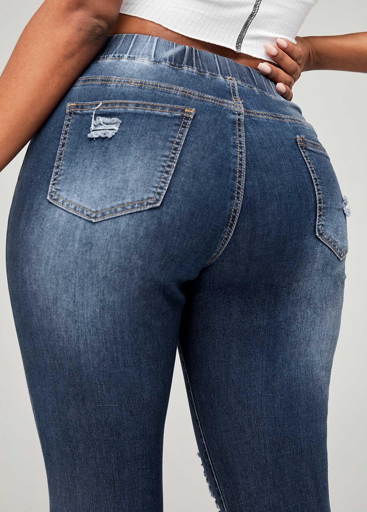 Drawstring Detail Shredded Skinny Mid Waist Jeans