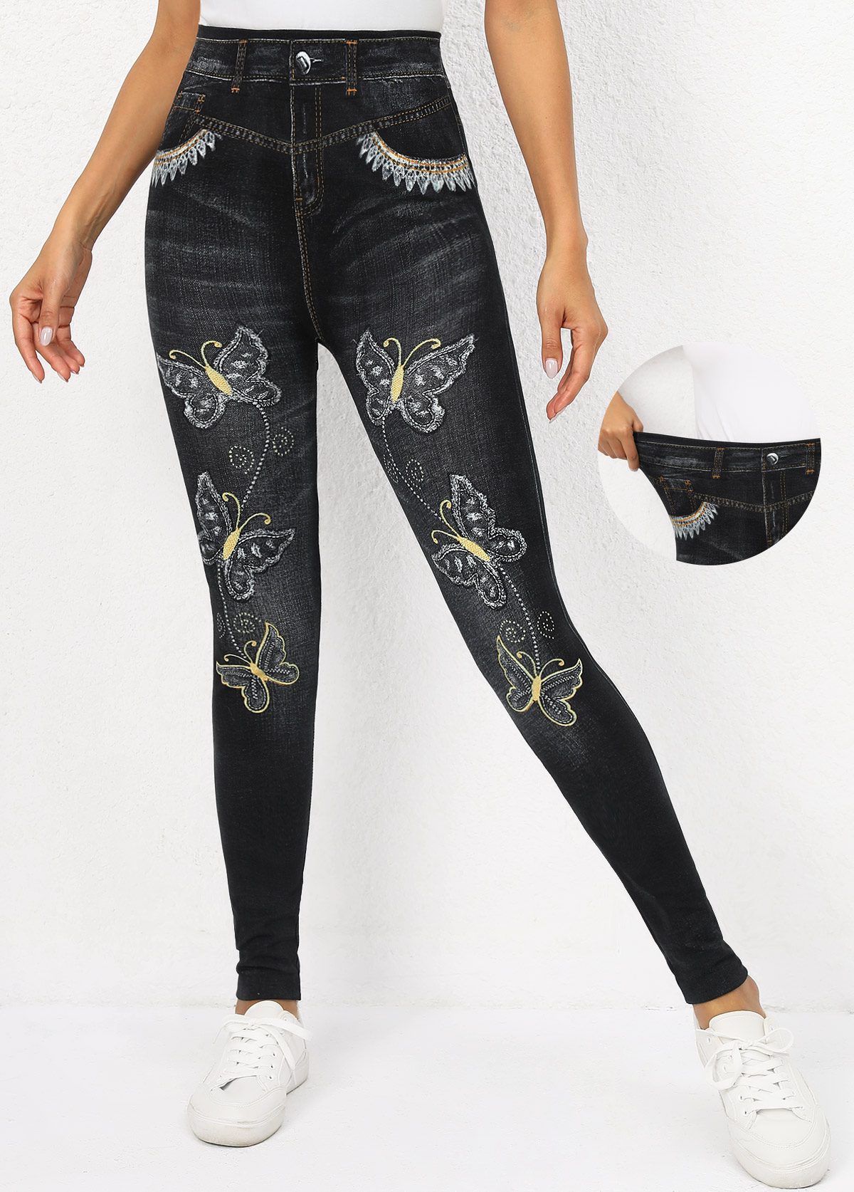 Butterfly Print Black Elastic Waist High Waisted Leggings