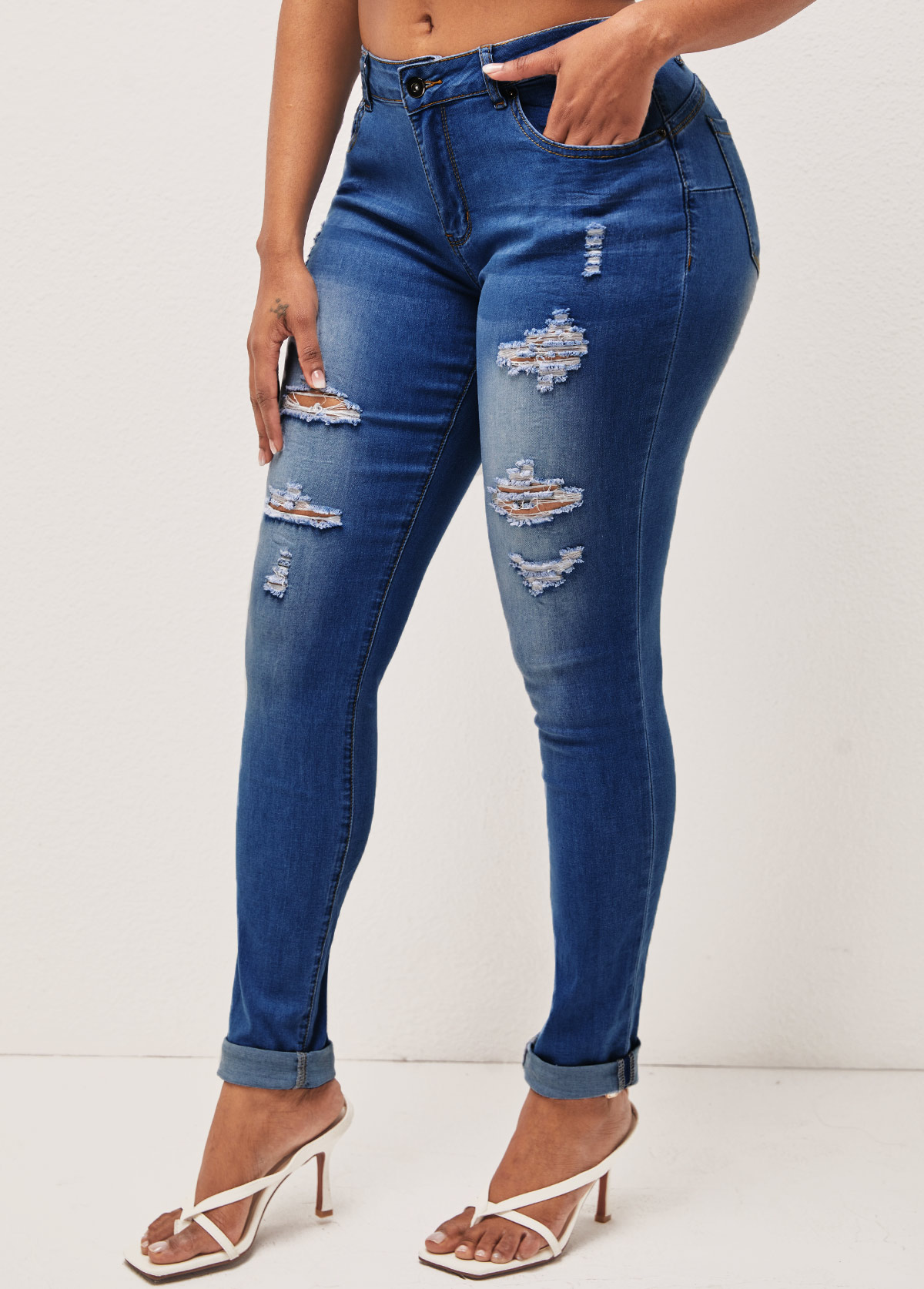 Denim Blue Shredded Pocket Skinny Mid Waist Jeans